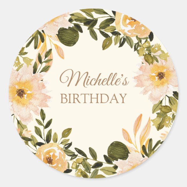 Sticker Rond Crème jaune Floral Nom de l'anniversaire (Devant)