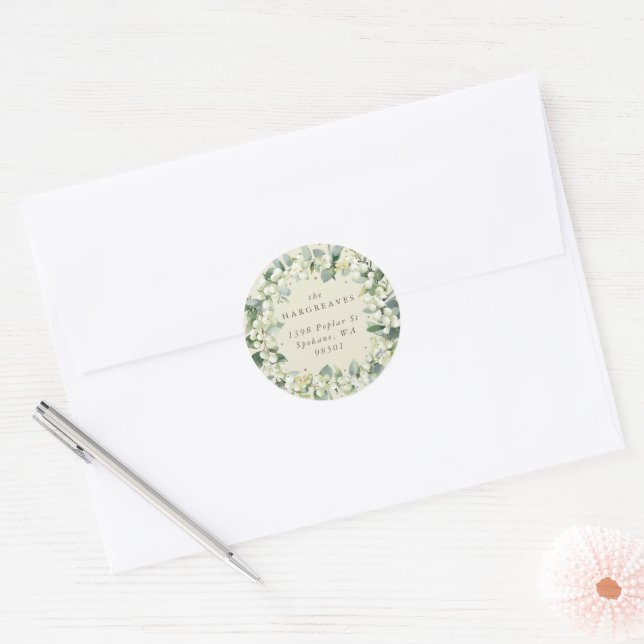Sticker Rond Crème Snowberry+Eucalyptus Holiday Wreath Adresse (Enveloppe)