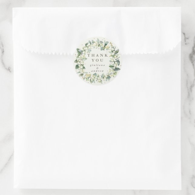 Sticker Rond Crème Snowberry+Eucalyptus Merci Mariage (Sac)
