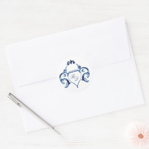 Sticker Rond Crest Bleu et blanc Delft mariage monogramme