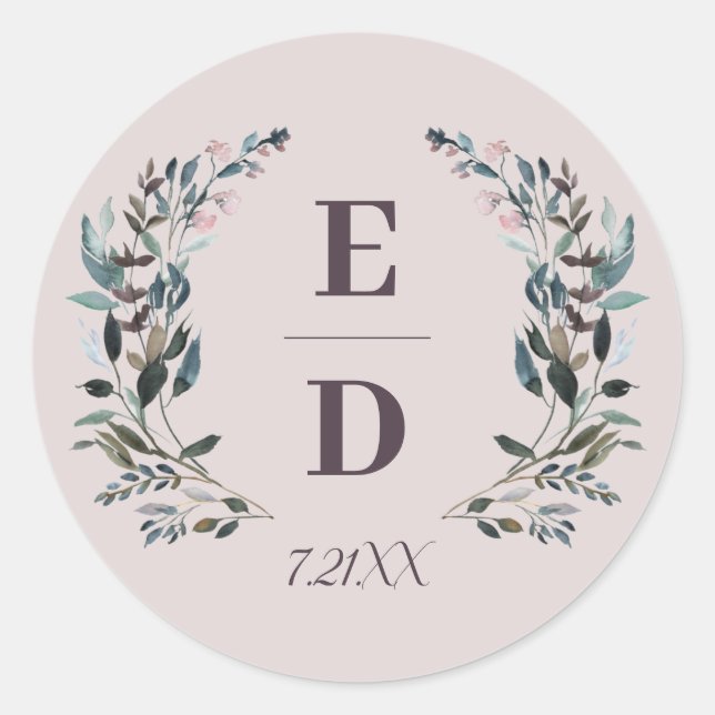 Sticker Rond Crest jardin | Mauve violet Mariage Monogram Date (Devant)