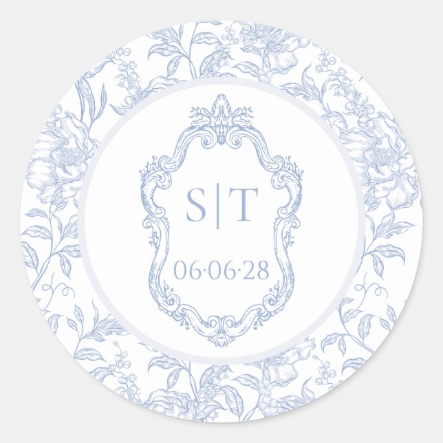 Sticker Rond Crest Monogram Dusty Blue Floral Wedding (Devant)