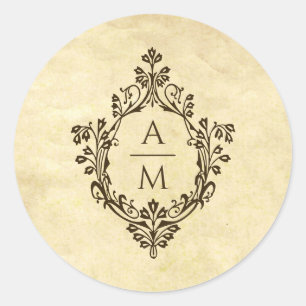 Sticker Rond Crest Monogramme Parchemin Vintage Mariage victori