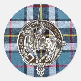 Sticker Rond Crête de clan Thom(p) fils sur le tartan bleu habi