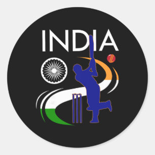 Sticker Rond Cricket indien avec pinceau indien Drapeau Ashoka