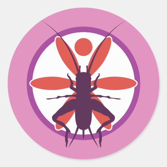 Sticker Rond Cricket violet et cercle de fleurs rouges (Devant)