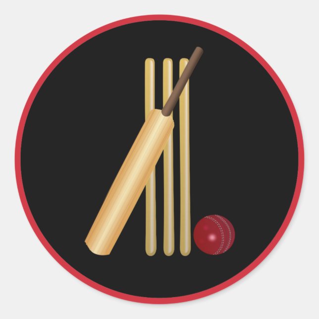 Sticker Rond Cricket, wicket, chauve-souris et balle (Devant)