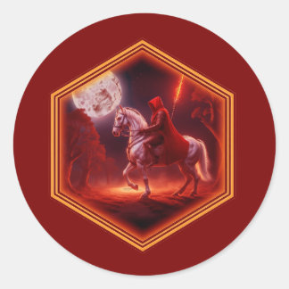 Sticker Rond Crimson Rider On White Stallion Moon In Background