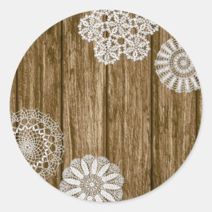 Sticker Rond Crochet Doiliers sur Rustic Wood Country Farmhouse