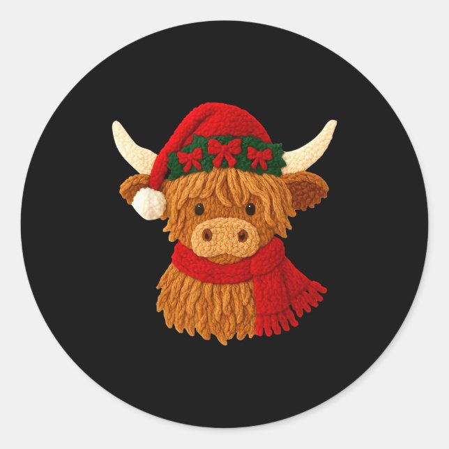 Sticker Rond Crochet Highland Cow Christmas Winter Girly Kids T (Devant)