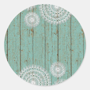 Sticker Rond Crochet rustique sur Turquoise Ferme Bois
