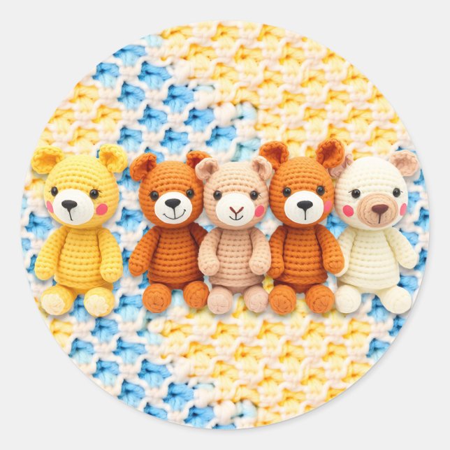Sticker Rond Crocheted Stuffed Animals Blue and Yellow (Devant)