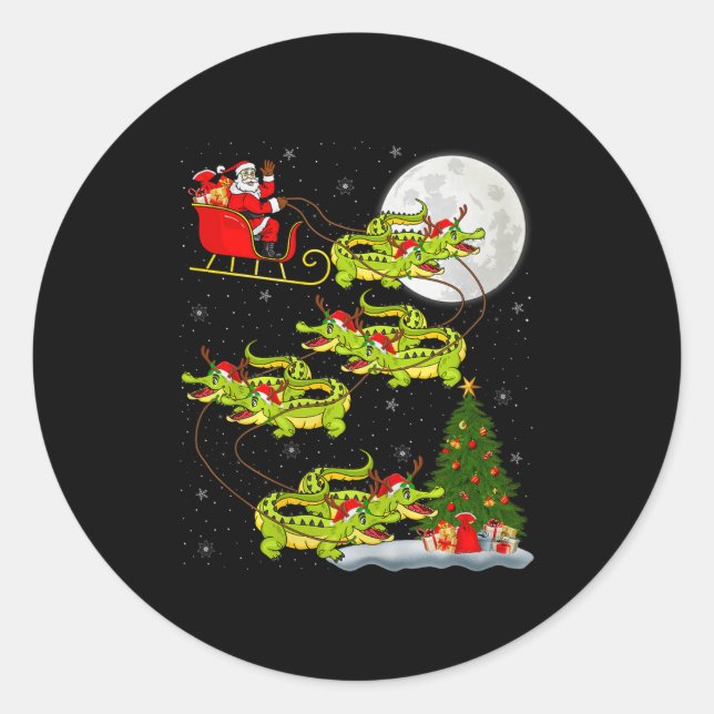 Sticker Rond Crocodile Alligators Santa Sleigh Flying Funny Chr (Devant)