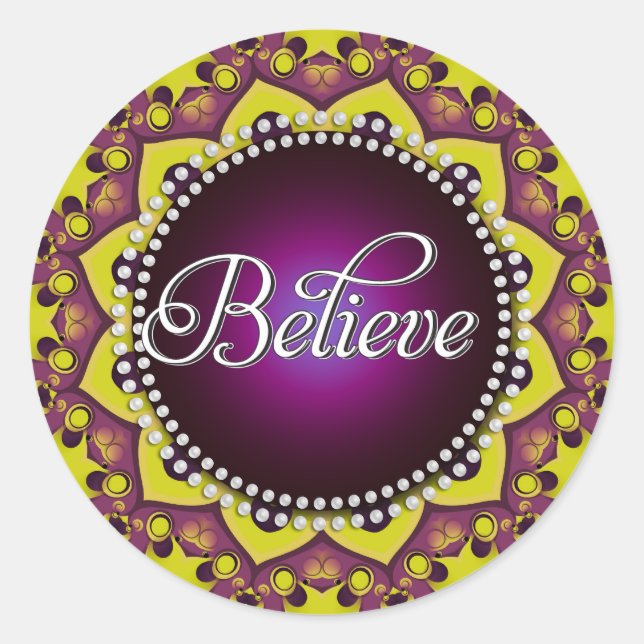 Sticker Rond Croire : Inspirer : Cercle Mandala jaune violet (Devant)