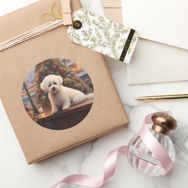 Sticker Rond Croisière de Noël de Bichon Frise : Pawsome Holida (Cadeaux)
