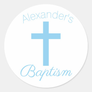 Sticker Rond Croix Bleu Bébé avec Nom Personnalisé Baptême