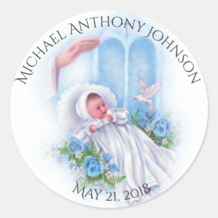 Sticker Rond Croix bleue de fleurs de bébé de baptême