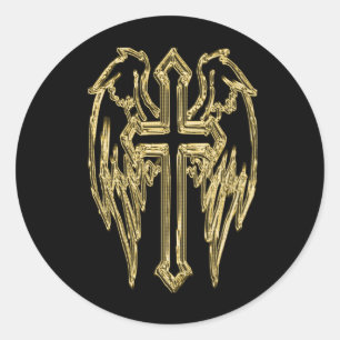 Sticker Rond Croix catholique d'or avec ailes