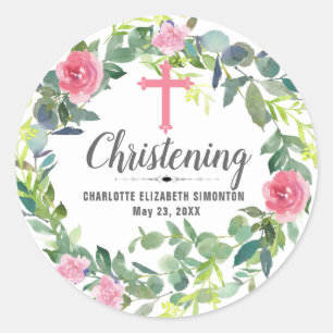Sticker Rond Croix de couronne rose florale Christening personn