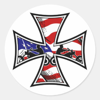 Sticker Rond Croix de fer avec drapeau américain et vélos