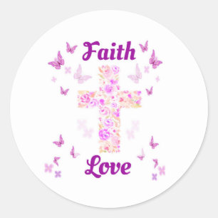 Sticker Rond Croix de foi et d'amour des Roses avec papillon ro