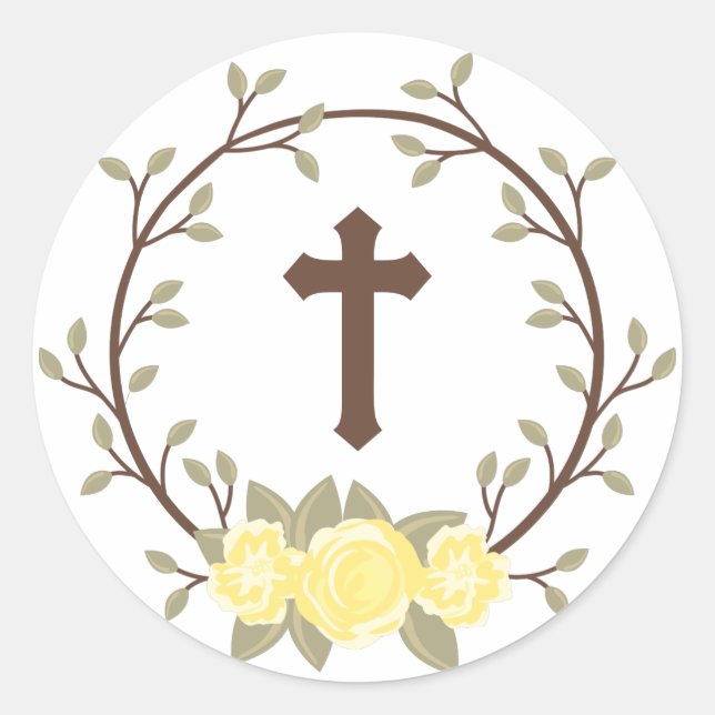 Sticker Rond Croix de germe jaune Baptême Christening (Devant)