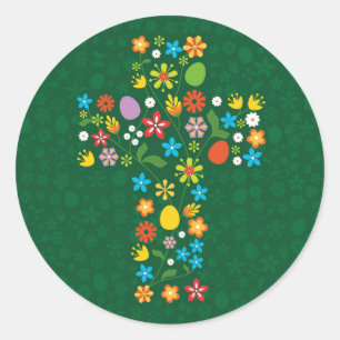Sticker Rond Croix de Pâques avec oeufs et fleurs