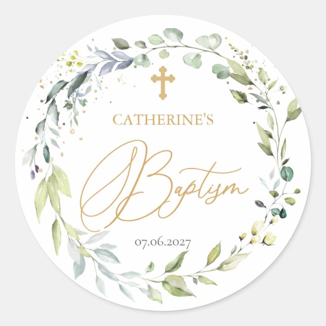 Sticker Rond Croix d'Eucalyptus Baptême de bébé (Devant)