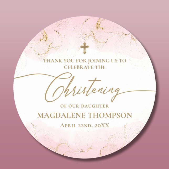 Sticker Rond Croix d'or rose moderne Christening (Créateur téléchargé)