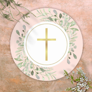 Sticker Rond Croix d'or simple Aquarelle verte rose pâle