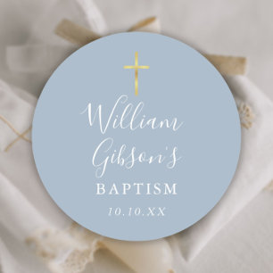 Sticker Rond Croix dorée Baptême Christening Bleu poussiéreux