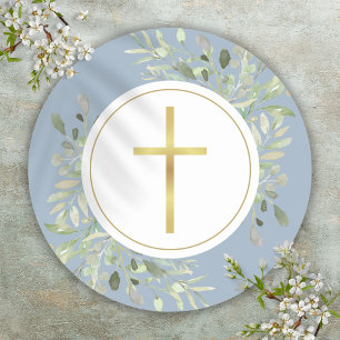 Sticker Rond Croix dorée simple aquarelle verdure bleu poussiér
