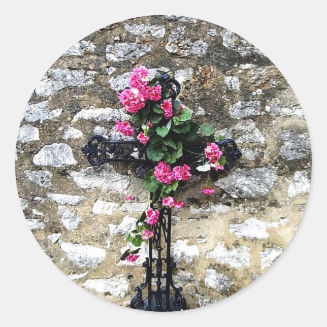 Sticker Rond Croix du cimetière gothique avec fleurs (Devant)