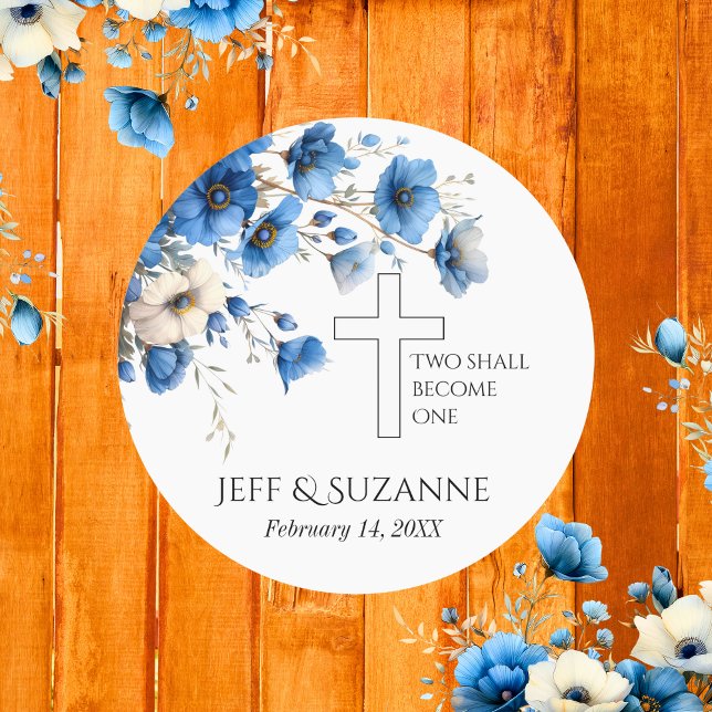 Sticker Rond Croix Florale Bleue Deux deviennent un Mariage (Summer Wedding Floral Stickers)