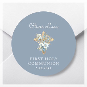 Sticker Rond Croix florale bleue Première communion sainte