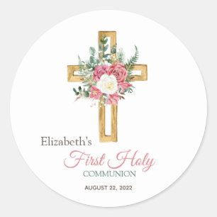 Sticker Rond Croix Florale d'or Roses première sainte communion