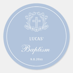 Sticker Rond Croix florale simple sur Baptême bleu clair
