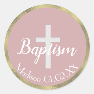 Sticker Rond Croix minimaliste de Baptême d'or Faux Nom de l'en