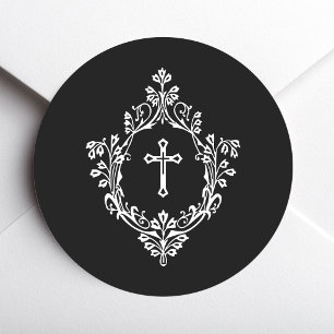 Sticker Rond Croix noire et blanche religieuse dans un blason v