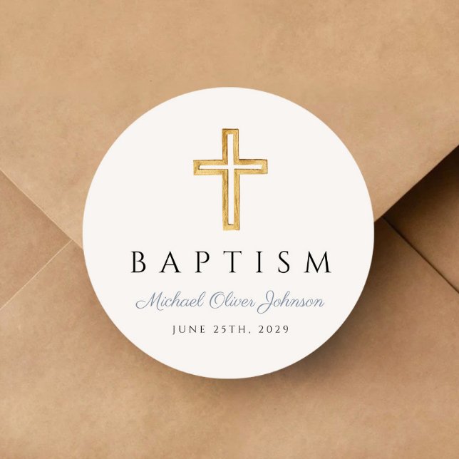 Sticker Rond Croix religieuse bleu Dusty Script garçon Baptême (Religious Cross Dusty Blue Script Boy Baptism Classic Round Sticker)