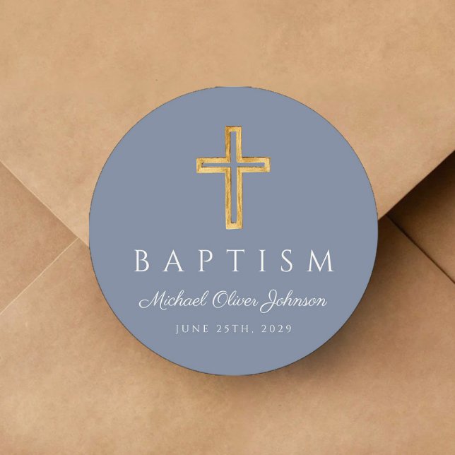 Sticker Rond Croix religieuse Dusty Blue Boy Baptême (Religious Cross Dusty Blue Boy Baptism Classic Round Sticker)