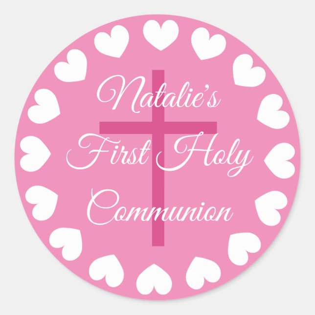 Sticker Rond Croix religieuse rose première communion sainte de (Devant)
