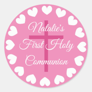 Sticker Rond Croix religieuse rose première communion sainte de
