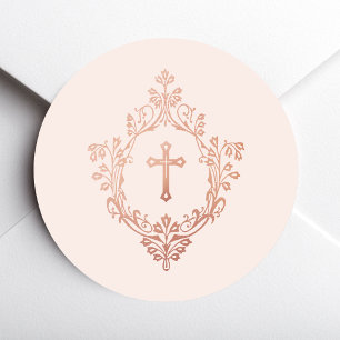 Sticker Rond Croix rose dans un blason  Or rose Élégant vintage