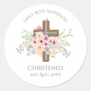Sticker Rond Croix rose florale Bouquet Girl Baptême Christenin