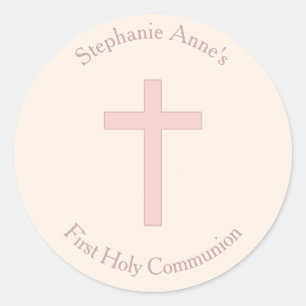 Sticker Rond Croix rose pastel communion
