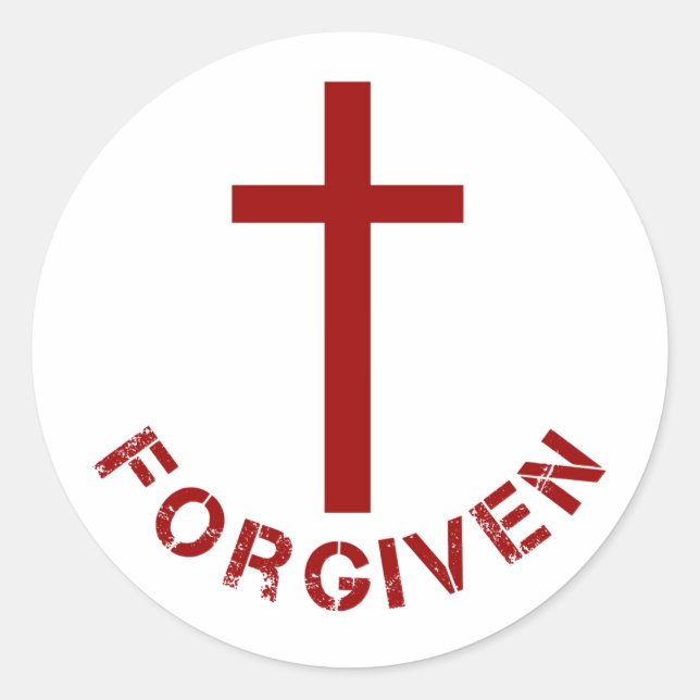 Sticker Rond Croix Rouge pardonnée et design chrétien du texte (Devant)