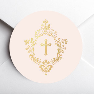 Sticker Rond Croix sur blason rose faux or religieux vintage 