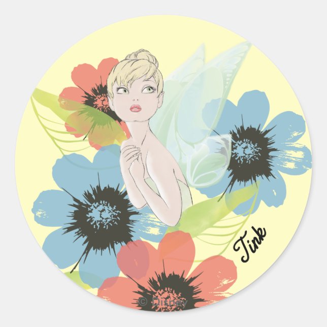 Sticker Rond Croquis Bell Tinker Avec Fleurs Cosmos (Devant)