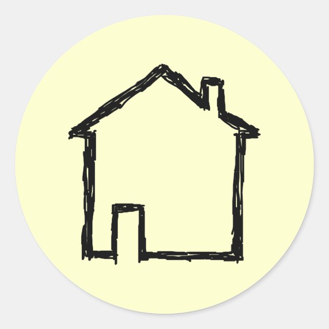 Sticker Rond Croquis de maison. Noir et Crème. (Devant)